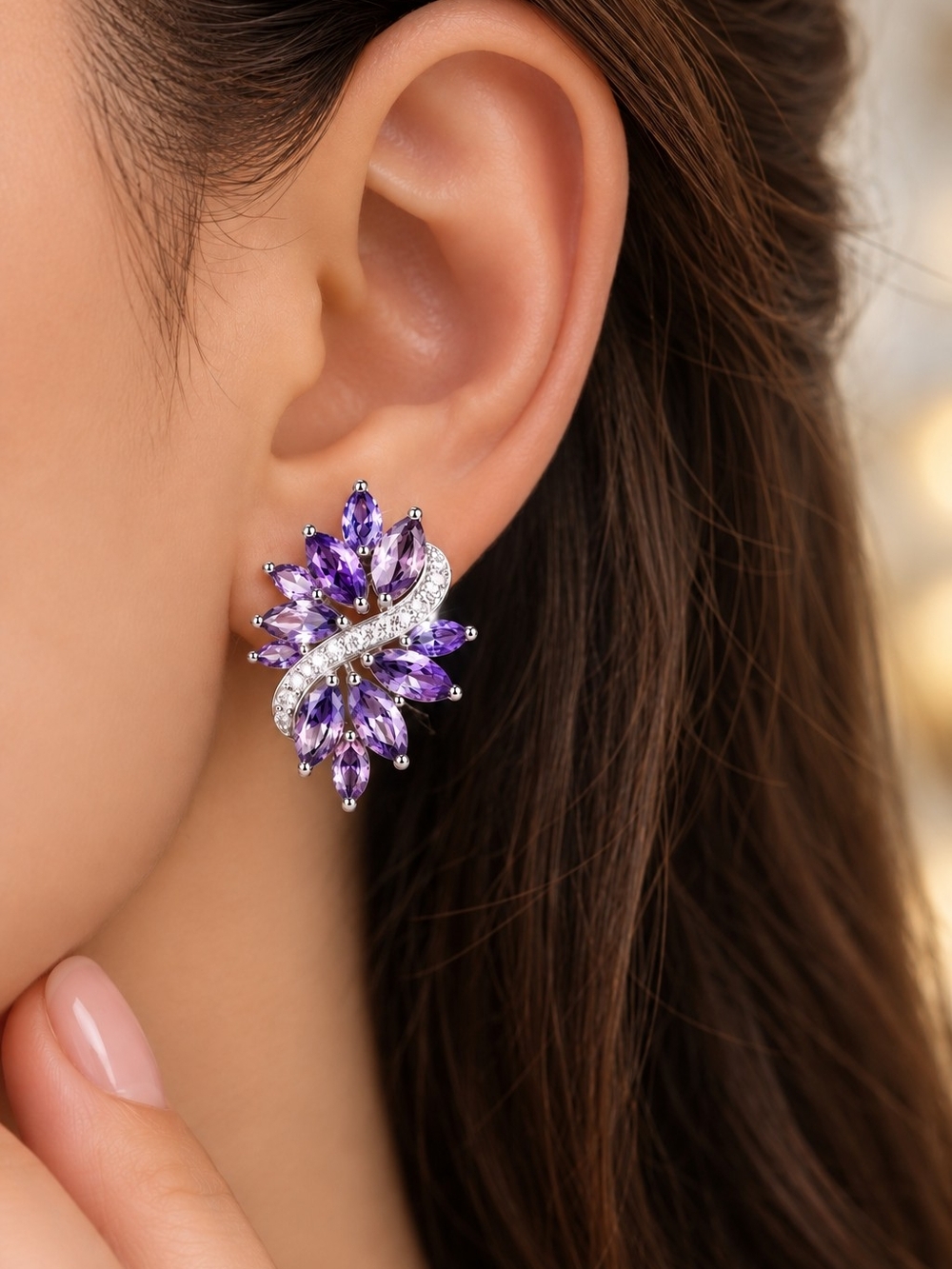 Purple Marquise Cluster Stud Earrings with Clear Accents - Brand: